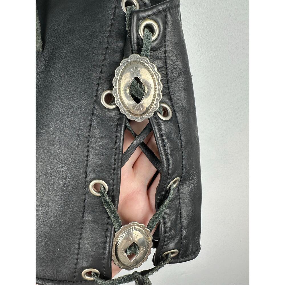 Steer Brand women's vtg black leather western fringe vest embroidered roses L - Picture 4 of 5